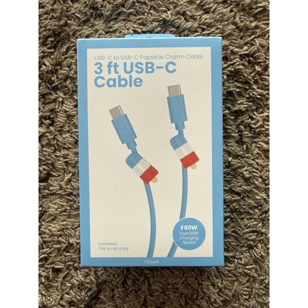 USB-C to USB-C Popsicle Charm Cable 3ft 60W Fast Charging Data Cable Blue New